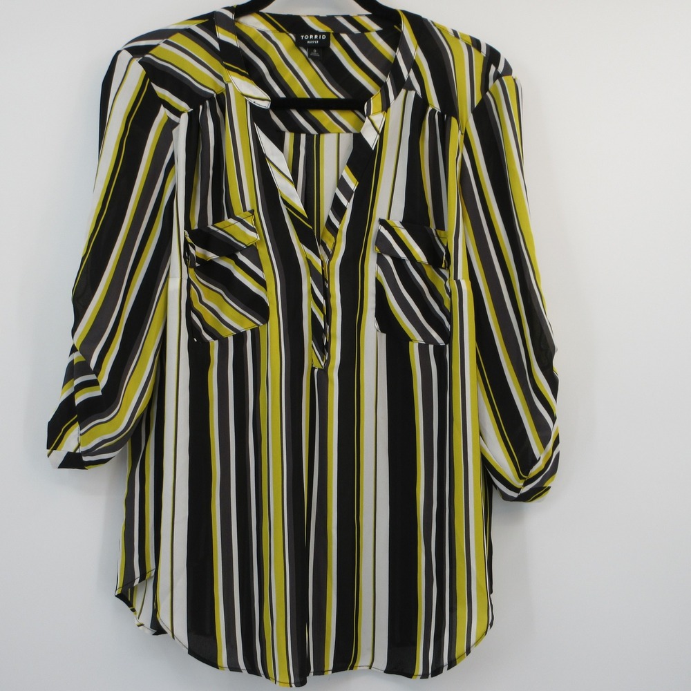 Torrid Harper Yellow Black Striped V-Neck Roll Tab Sleeve Blouse Plus Size 0 L